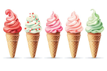 illustration of an ice cream set. Different types and tastes of cold desserts cups cones soft serve bars sticks popsicles frozen juice in waffles and on sticks. Vintage hand-drawn style generative ai - obrazy, fototapety, plakaty