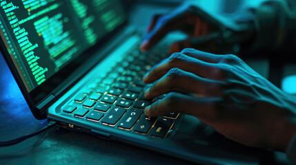 Close-up of a person's hands typing on a laptop keyboard