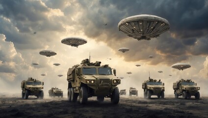 a group of military vehicles flying through a cloudy sky