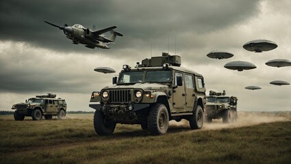 a group of military vehicles flying through a cloudy sky - obrazy, fototapety, plakaty