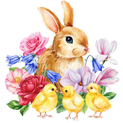 Beautiful bunny, chickens, branches spring flowers isolated background. Watercolor Hand-drawn clipart, easter holiday
