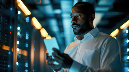 Focused IT professional using a laptop while standing in a server room with racks of network equipment illuminated by blue lights