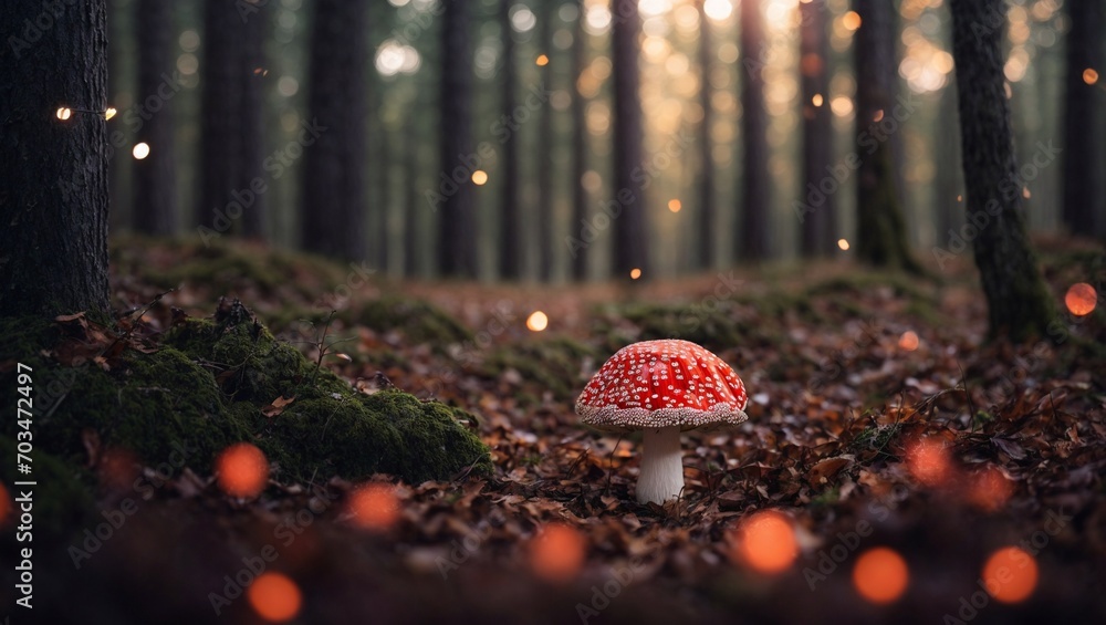 Poster red mushrooms in the forest with bokeh lights. 3d illustration of an abstract background with bokeh 