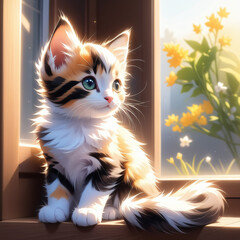 A kitten on the windowsill basking in the spring sunshine