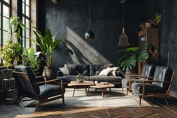 Modern living room interior background, dark wall, Scandinavian style, 3D illustration. Living room mockup. 3d rendering