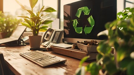 An electronic waste concept featuring a desktop computer adorned with a bright green recycle symbol, symbolizing the importance of recycling and proper disposal of electronic devices. - obrazy, fototapety, plakaty