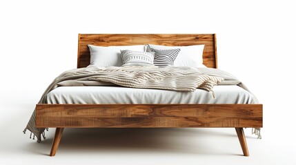 Rural wooden double bed. Scandinavian style double bed with white blanket and pillows.
