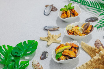 Mussels with oil, spices and greens. Healthy seafood is rich in omega. Marine decor