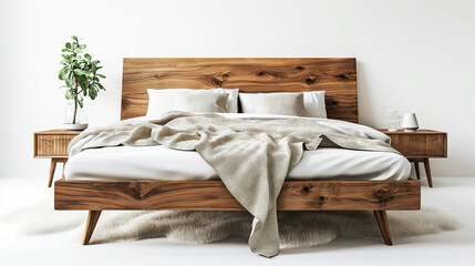 Rural wooden double bed. Scandinavian style double bed with white blanket and pillows.