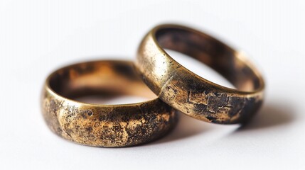 Old rusty vintage pair of bronze golden rings isolated on white background. - obrazy, fototapety, plakaty