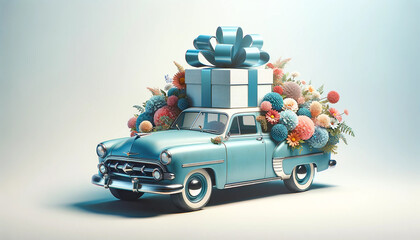 gift box with flowers and blue retro car