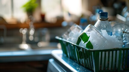 Eco-friendly dishwasher soap packaging featuring a prominent recycling symbol on the label, emphasizing sustainability. - obrazy, fototapety, plakaty
