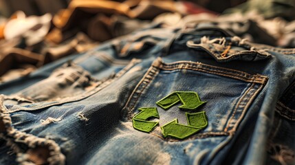 An assortment of eco-friendly garments featuring a recycle symbol, promoting the concept of recycling textiles and embracing sustainable fashion practices.