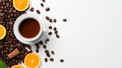 Cup of coffee, orange slices, coffee beans, cinnamon sticks on a white background, top view, copy space. - Powered by Adobe