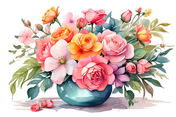 Bouquet of roses in watercolor art style isolated on a white background, generative AI