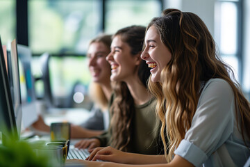 AI-generated illustration of young female students happily working on their computers - obrazy, fototapety, plakaty