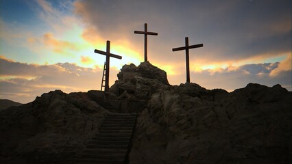 A sunny, beautiful sunrise/sunset at Golgotha on Easter morning featuring three crosses.