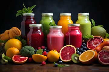 Assortment of fresh fruits and vegetables juices