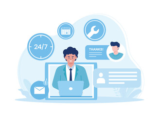 customer service, hotline operator consults with customer with headset on computer concept flat illustration