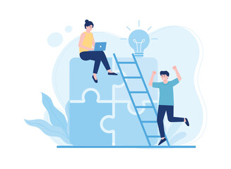 two people managed to put the puzzle pieces together concept flat illustration
