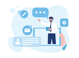 online service management or customer support via chat concept flat illustration
