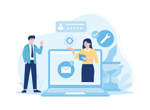 online service management and clients providing positive feedback customer support concept flat illustration