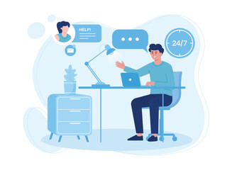 customer service  hotline operator consults with customers with headset on laptop  24 hours global concept flat illustration