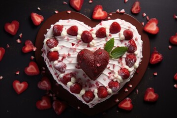 Large white cake with red strawberry hearts in the shape of a heart, top view
