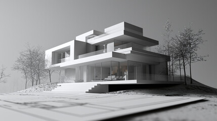 Modern House on Blueprint, Draft, Construction
