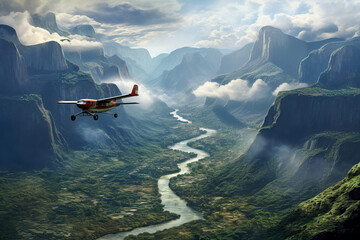 Surrealist aerial view of the top of Venezuelan tepuis known as the Lost world, Venezuela, AI Generated