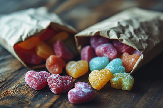 Colorful candies in paper bag on wooden background