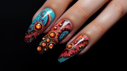 manicure: long nails in the shape of a stiletto in colorful octopus pattern 