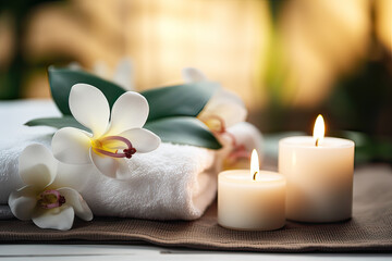 Fototapeta na wymiar Experience the tranquility of a resort spa, featuring tropical flowers, gentle candlelight, and a cozy, relaxing meditation salon ambiance.