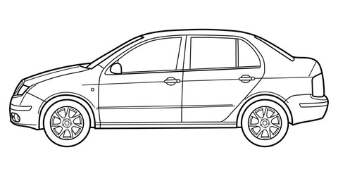 Classic city class sedan car. 4 door car on white background. Side view shot. Outline doodle vector illustration	
