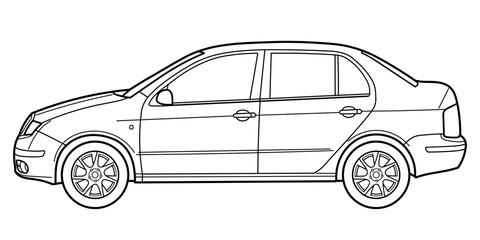 Classic city class sedan car. 4 door car on white background. Side view shot. Outline doodle vector illustration	
