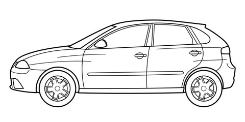 Outline drawing of a hatchback car from side view. Classic style. Vector outline doodle illustration. Design for print or color book	
