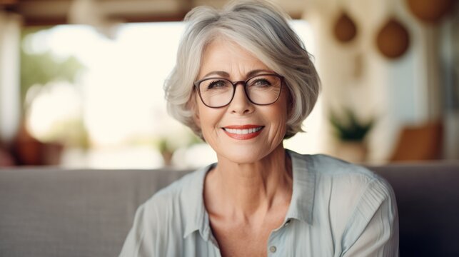 Close-up portrait of Smiling middle aged mature grey haired woman looking at camera, sitting on sofa in living room. A successful smiling happy businesswoman wearing glasses in retirement.