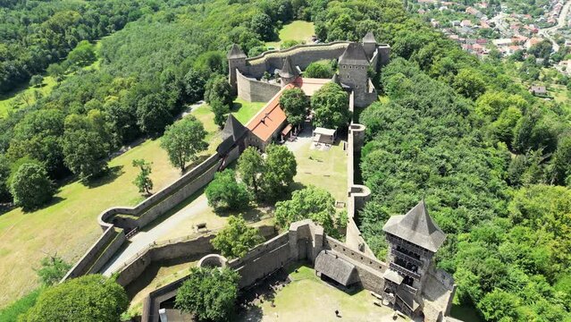 Aerial drone view of the landmark of Helfstyn Castle. Helftyn Castle overlooking