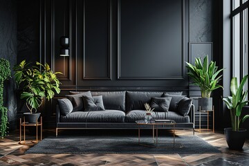 Stylish dark living room interior with gray sofa mock up, modern interior background, empty black wall mockup, 3d illustration