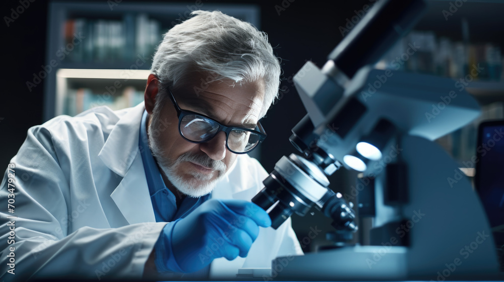 Aufkleber experienced male scientist is intently using a microscope in a laboratory setting