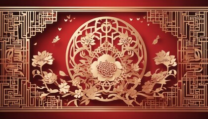 Chinese new with flower and asian elements paper cut with craft style on background