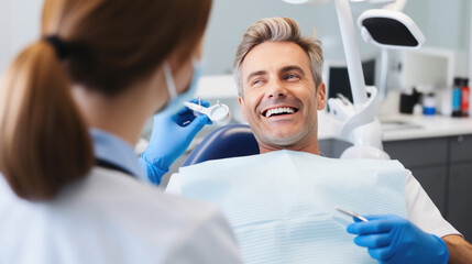Obraz premium Patient with a bright smile sitting in a dental chair, looking up at a dentist who is examining him