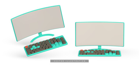 Realistic 3d computer monitor and keyboard in cartoon style. Computer equipment concept. Vector illustration