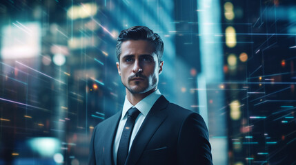 Fototapeta premium Businessman in formal suit on hologram background. Technology and business concept. Generative AI