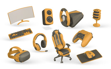 3d realistic gamer accessories and equipment set. Monitor, speaker, steering wheel, keyboard, mouse, microphone, headphones, chair, VR glasses, game pad. Vector illustration