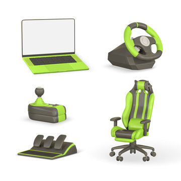 Realistic 3d computer monitor, game steering wheel, pedals, shifter, chair. Game stick, controller, video game console. Game concept. Vector illustration