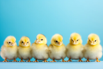 Fototapeta premium Small Easter chicks in a row on blue studio background with copy space