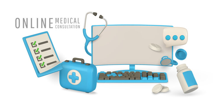 Online medical consultation banner in cartoon style. Online medicine and healthcare design concept. Modern accessories of doctor. Vector illustration