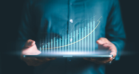 business, chart, graph, growth, success, analysis, diagram, digital, finance, investment. close up to hand of businessman, hold the bar chart from finance investment on tablet, direct variation graph. - obrazy, fototapety, plakaty