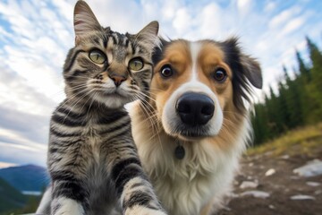 Fototapeta premium dog and cat photographed selfie on the phone